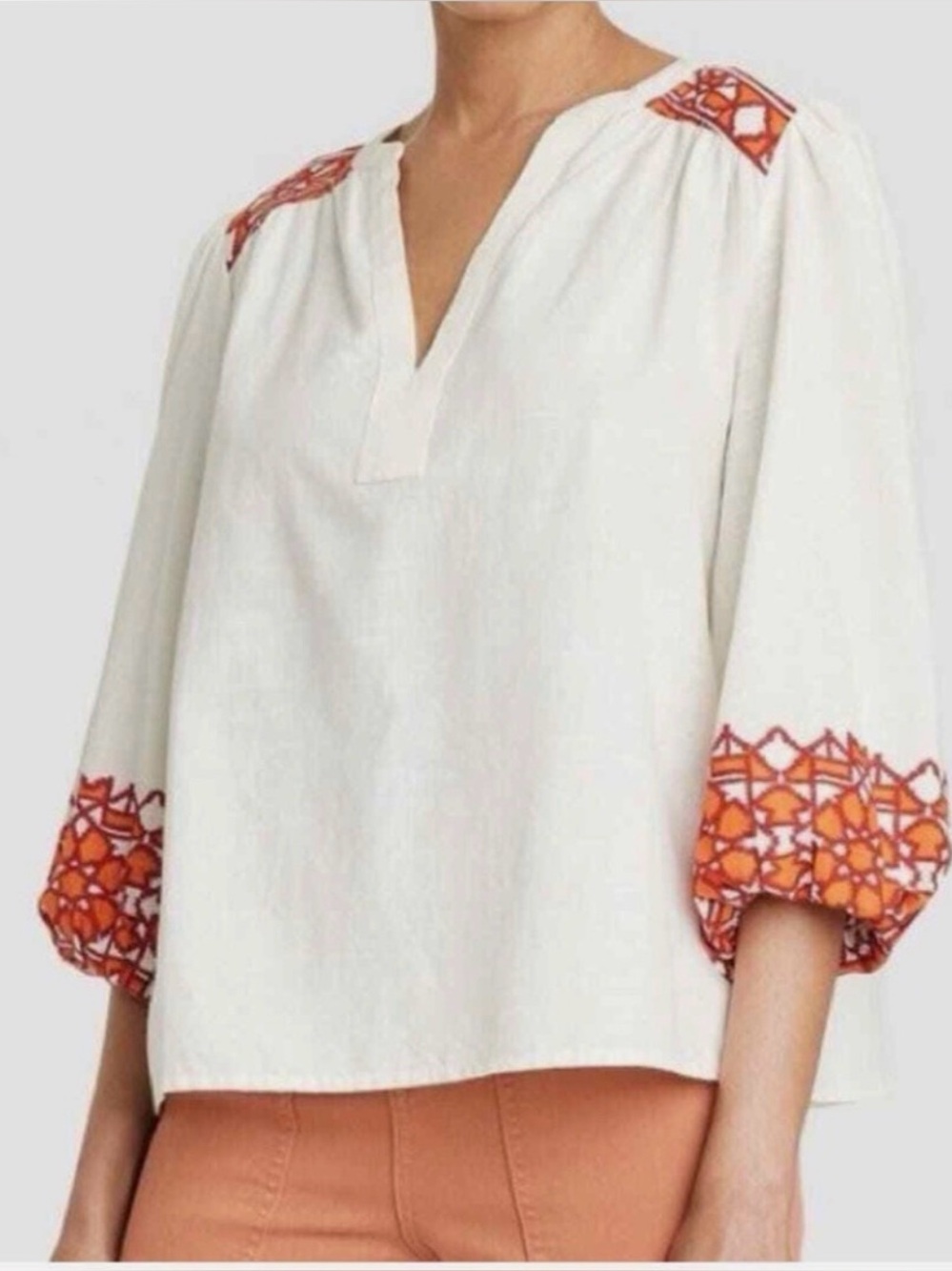 Knox Rose Balloon Sleeve Top Cream with Orange and Red Print Size XL